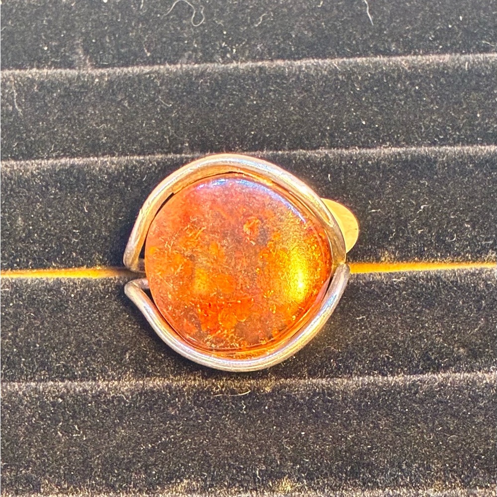Rare Design  Large Amber Stone Silver Ring